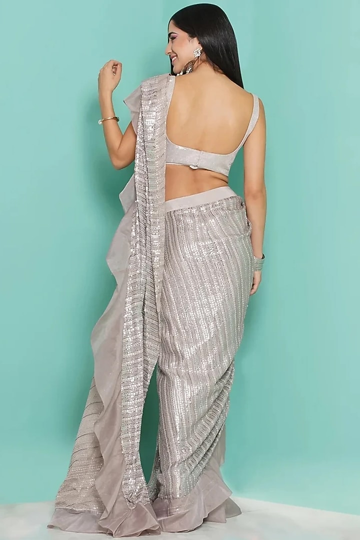 Steel Grey Viscose Crepe & Organza Embroidered Draped Wedding Saree Set by GEE SIN by Geetanjali Singh at Pernia's Pop Up Shop