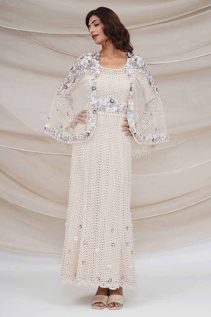 Ivory Tulle Hand Embroidered Jacket Wedding Gown by GEE SIN by Geetanjali Singh at Pernia's Pop Up Shop