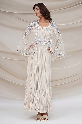 Ivory Tulle Hand Embroidered Jacket Gown by GEE SIN by Geetanjali Singh