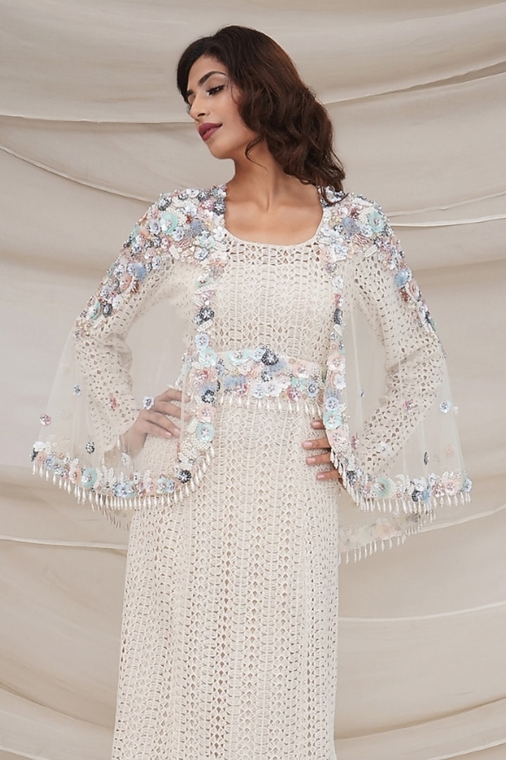 Ivory Tulle Hand Embroidered Jacket Wedding Gown by GEE SIN by Geetanjali Singh at Pernia's Pop Up Shop