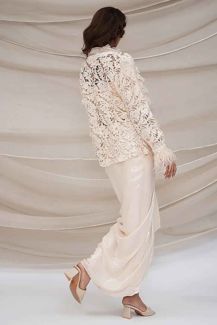 Ivory Georgette Draped Skirt Set by GEE SIN by Geetanjali Singh at Pernia's Pop Up Shop