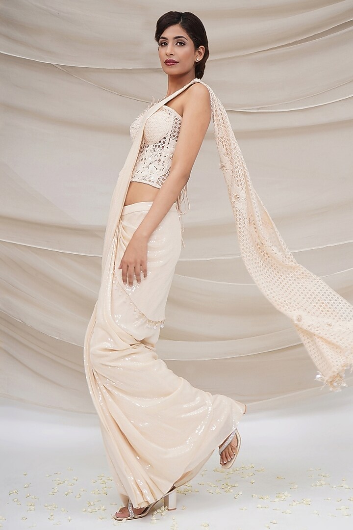 Ivory Sequins Georgette Draped Reception Saree Set by GEE SIN by Geetanjali Singh at Pernia's Pop Up Shop