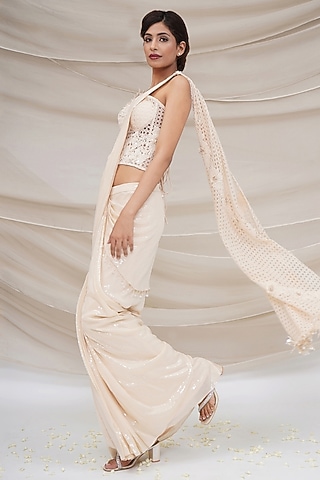 Ivory Sequins Georgette Draped Saree Set by GEE SIN by Geetanjali Singh