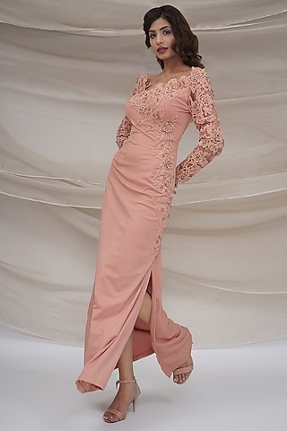 Peach Lycra Crepe Embellished Dress by GEE SIN by Geetanjali Singh