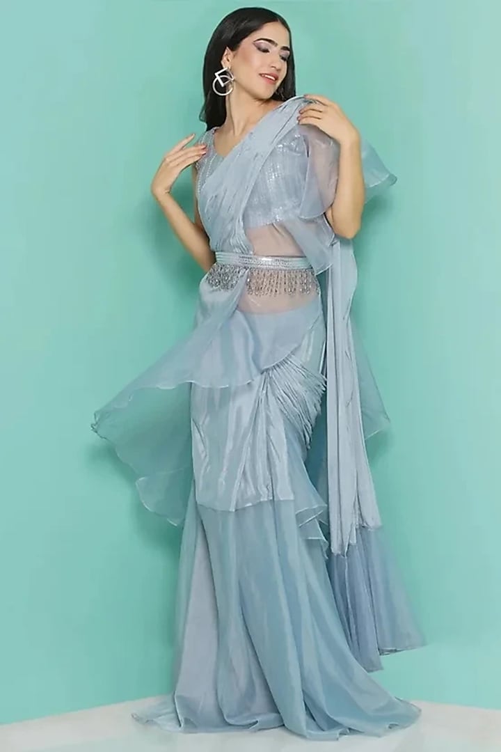 Bluish Grey Organza & Viscose Crepe Sequins Draped Wedding Saree With Belt by GEE SIN by Geetanjali Singh at Pernia's Pop Up Shop