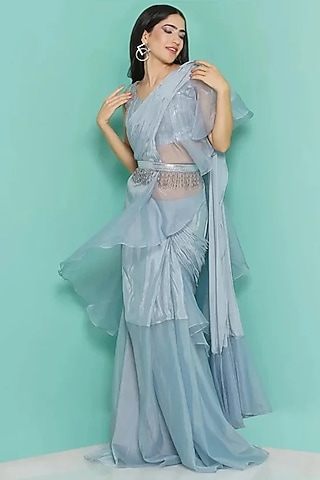 Bluish Grey Organza & Viscose Crepe Sequins Draped Saree With Belt by GEE SIN by Geetanjali Singh