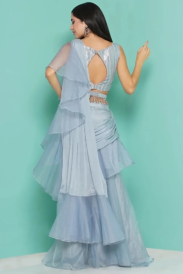Bluish Grey Organza & Viscose Crepe Sequins Draped Wedding Saree With Belt by GEE SIN by Geetanjali Singh at Pernia's Pop Up Shop