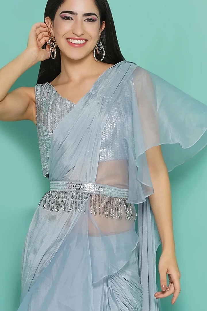 Bluish Grey Organza & Viscose Crepe Sequins Draped Wedding Saree With Belt by GEE SIN by Geetanjali Singh at Pernia's Pop Up Shop