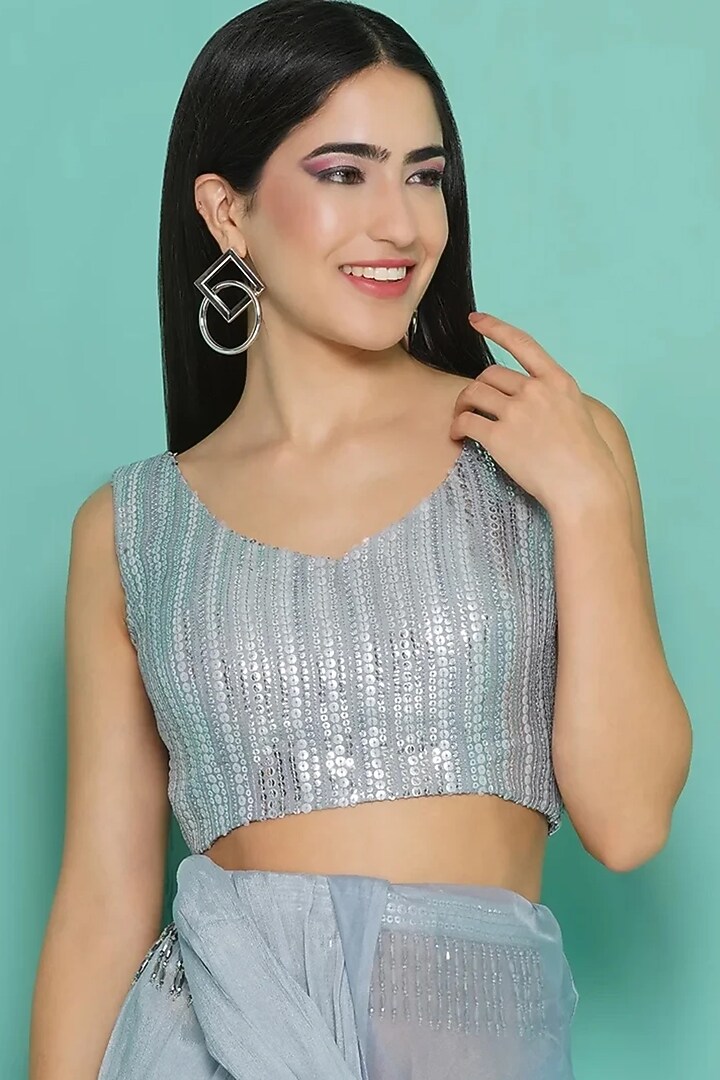 Bluish Grey Organza & Viscose Crepe Sequins Draped Wedding Saree With Belt by GEE SIN by Geetanjali Singh at Pernia's Pop Up Shop