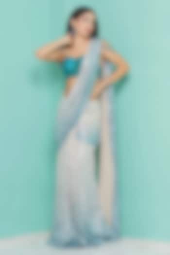 Turquoise Viscose Crepe Sequins Draped Wedding Saree Set by GEE SIN by Geetanjali Singh at Pernia's Pop Up Shop