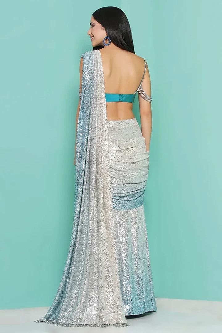 Turquoise Viscose Crepe Sequins Draped Wedding Saree Set by GEE SIN by Geetanjali Singh at Pernia's Pop Up Shop