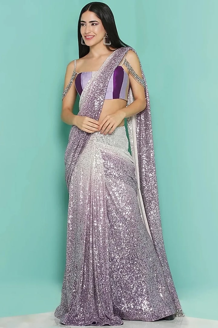 Lavender Viscose Crepe Sequins Draped Wedding Saree Set by GEE SIN by Geetanjali Singh at Pernia's Pop Up Shop