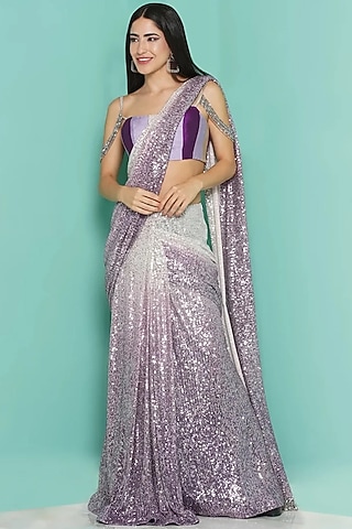 Lavender Viscose Crepe Sequins Draped Saree Set by GEE SIN by Geetanjali Singh
