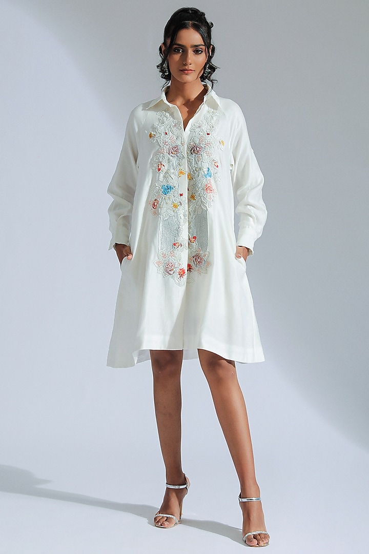 White Cotton Mul Mul Bead Embroidered Shirt Dress by GEE SIN by Geetanjali Singh