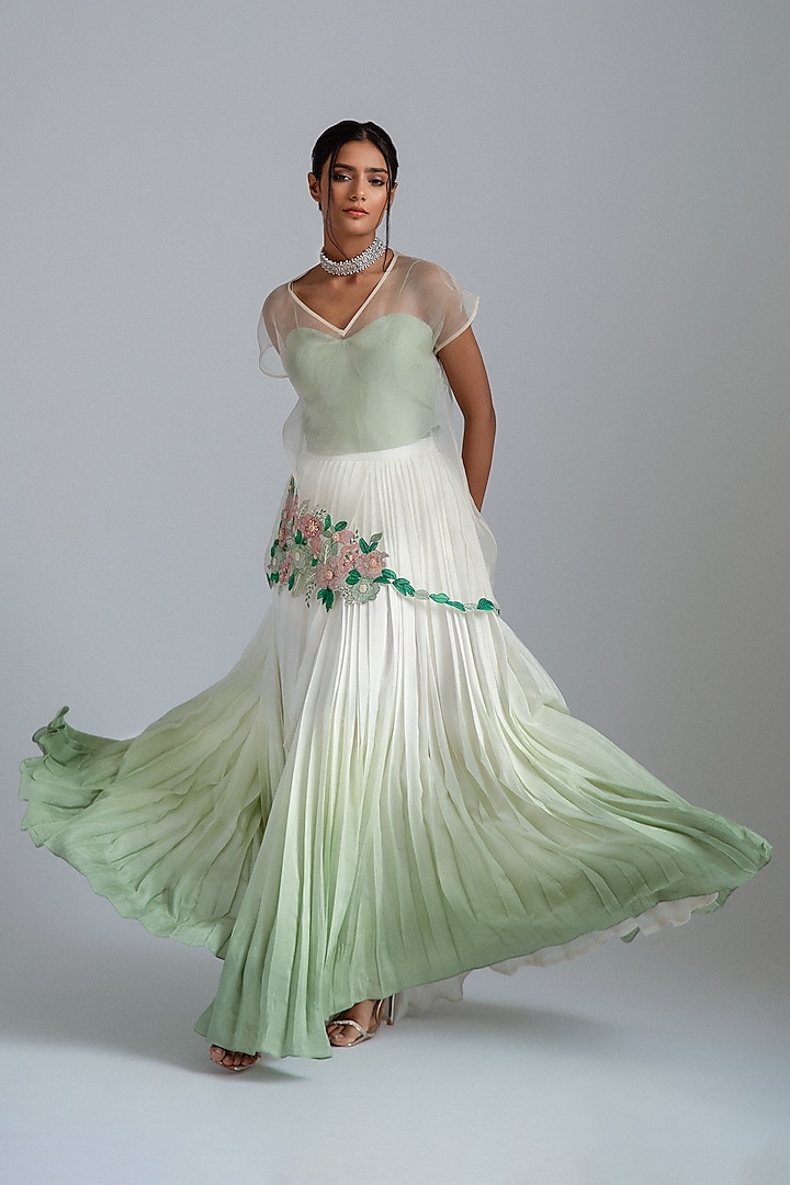 Off-White & Sage Green Ombre Silk Mul Mul Skirt Set by GEE SIN by Geetanjali Singh