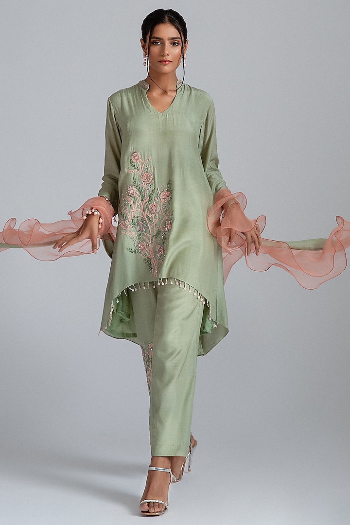Sage Green Silk Mul Mul Sequins Embroidered Kurta Set by GEE SIN by Geetanjali Singh