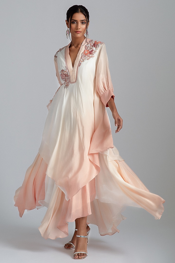 Off-White & Champagne Ombre Silk Mul Mul Floral Motifs Embroidered Kaftan by GEE SIN by Geetanjali Singh
