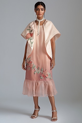 Peach Ombre Silk Mul Mul & Cotton Mul Mul Motifs Embroidered Midi Jacket Dress by GEE SIN by Geetanjali Singh
