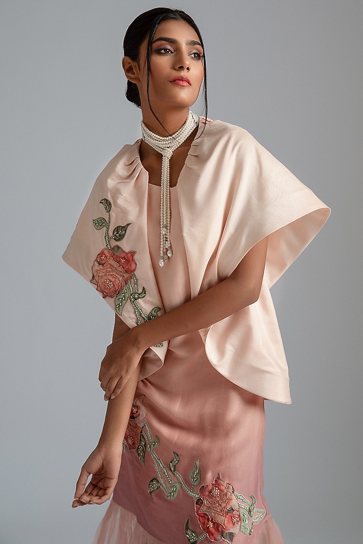 Peach Ombre Silk Mul Mul & Cotton Mul Mul Motifs Embroidered Midi Jacket Vacation Dress by GEE SIN by Geetanjali Singh at Pernia's Pop Up Shop