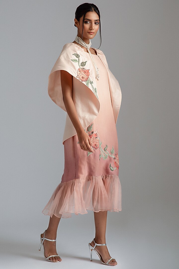 Peach Ombre Silk Mul Mul & Cotton Mul Mul Motifs Embroidered Midi Jacket Vacation Dress by GEE SIN by Geetanjali Singh at Pernia's Pop Up Shop