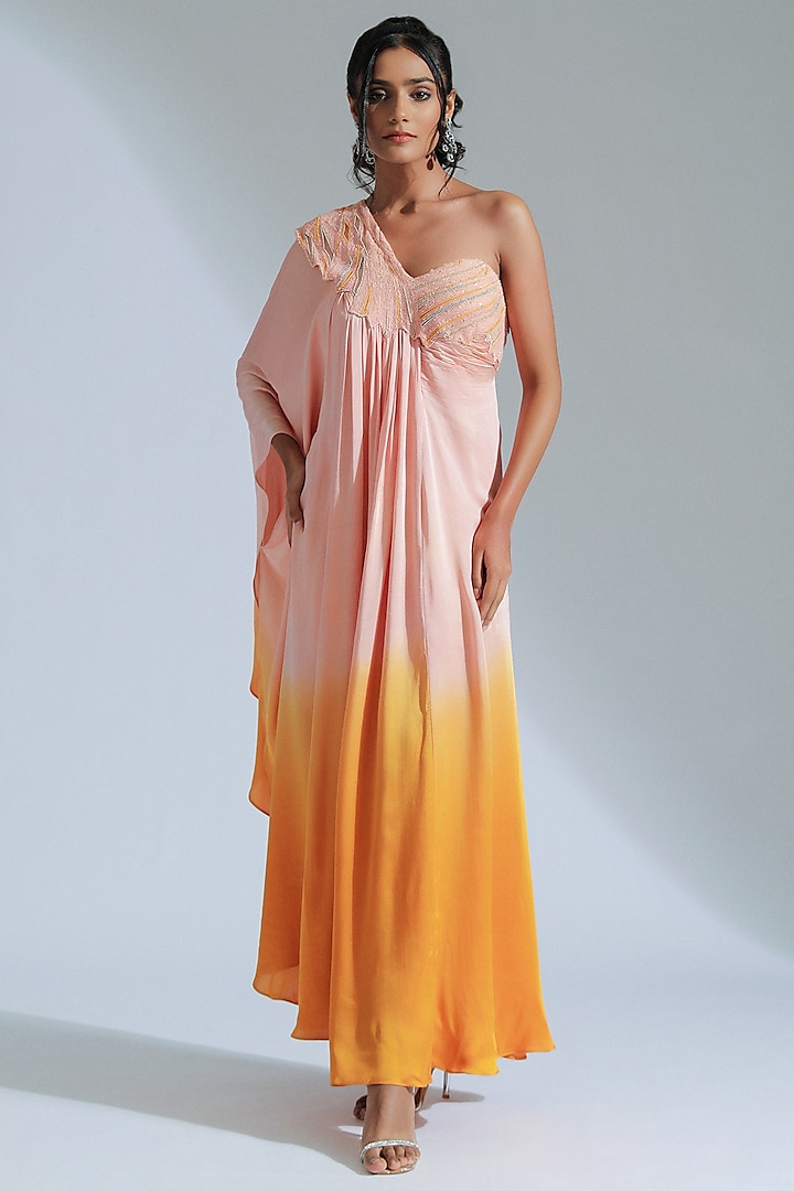 Peach & Orange Modal Satin One-Shoulder Maxi Dress by GEE SIN by Geetanjali Singh