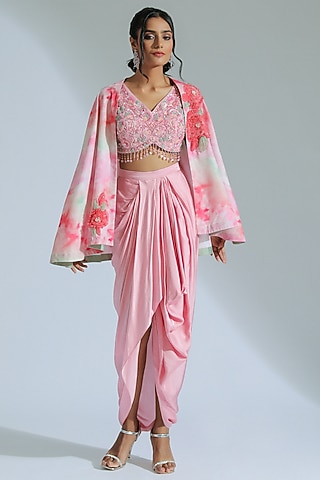Pink & Sage Green Georgette Crystal Embroidered Cape Set by GEE SIN by Geetanjali Singh