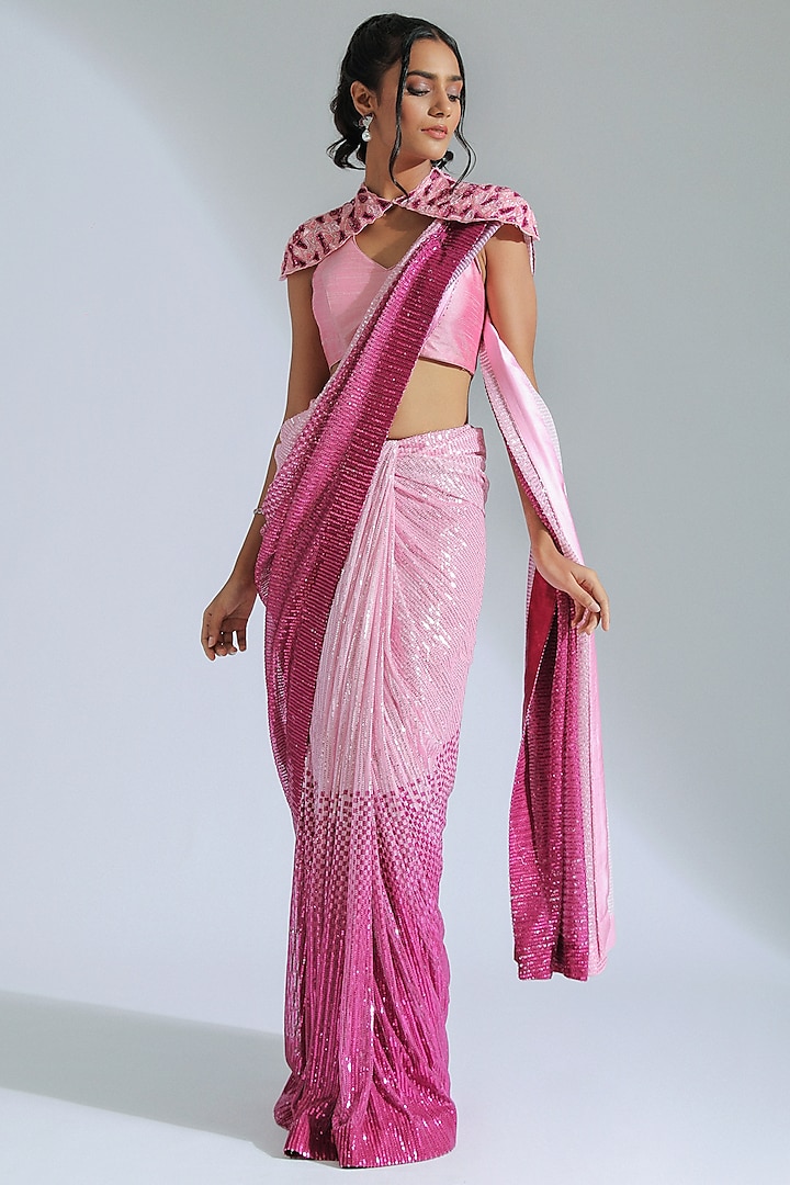 Light Pink & Fuchsia Pink Georgette Pre-Draped Saree Set by GEE SIN by Geetanjali Singh