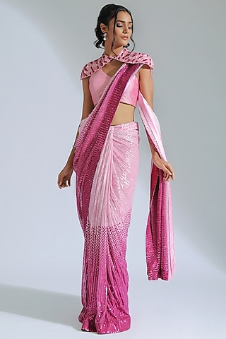 Light Pink & Fuchsia Pink Georgette Pre-Draped Saree Set by GEE SIN by Geetanjali Singh