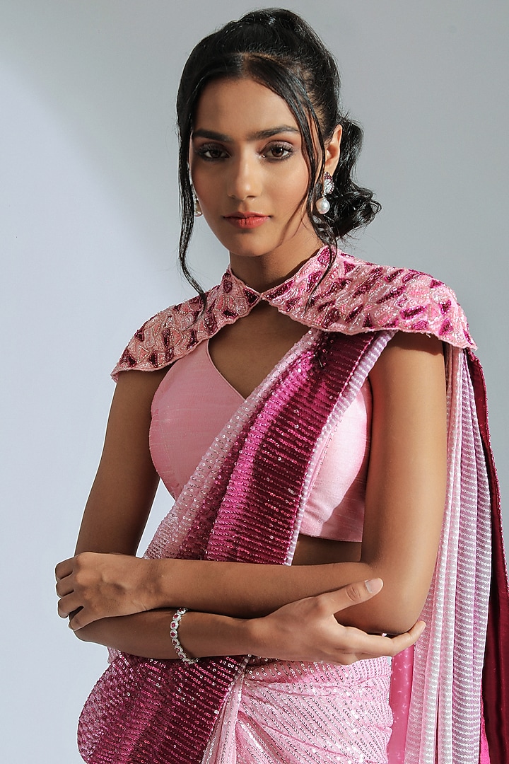 Light Pink & Fuchsia Pink Georgette Pre-Draped Wedding Saree Set by GEE SIN by Geetanjali Singh at Pernia's Pop Up Shop
