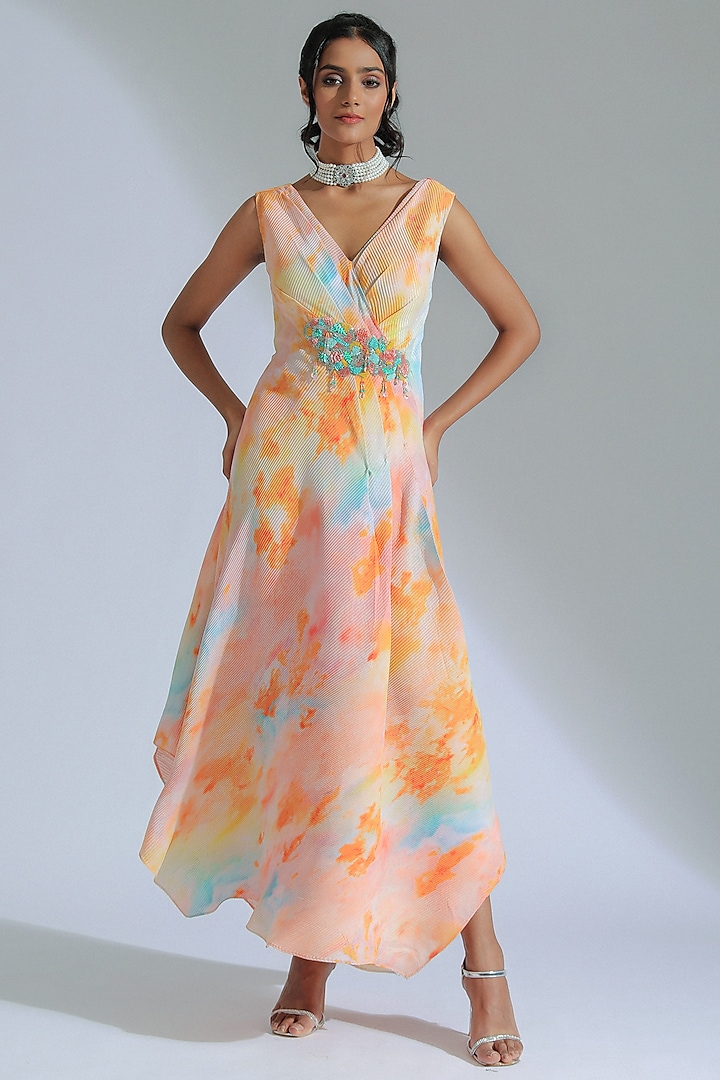 Multi-Colored Pleated Crepe Fabric Sequins Embroidered Overlap Maxi Dress by GEE SIN by Geetanjali Singh