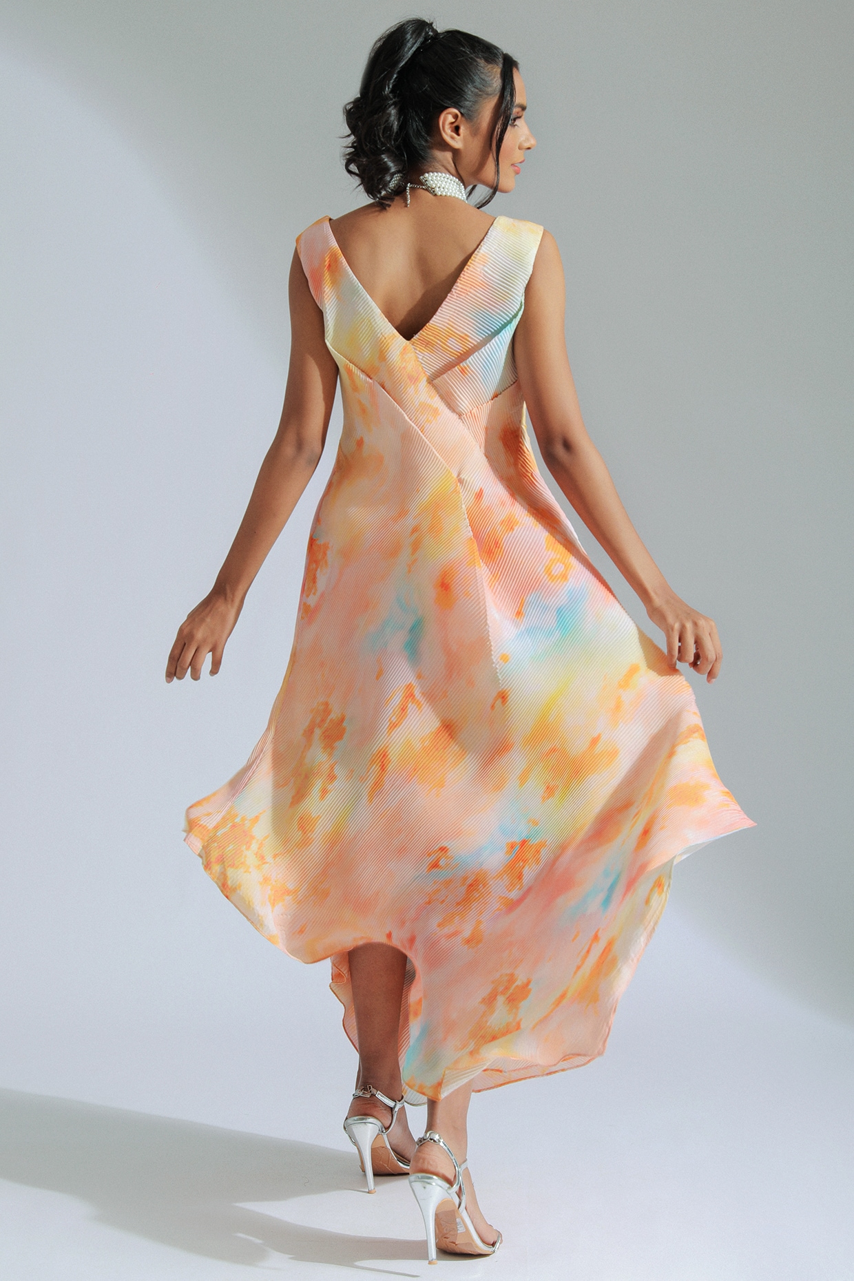 Multi-Colored Pleated Crepe Fabric Sequins Embroidered Overlap