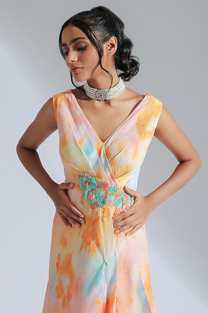 Multi-Colored Pleated Crepe Fabric Sequins Embroidered Overlap Maxi Summer Dress by GEE SIN by Geetanjali Singh at Pernia's Pop Up Shop