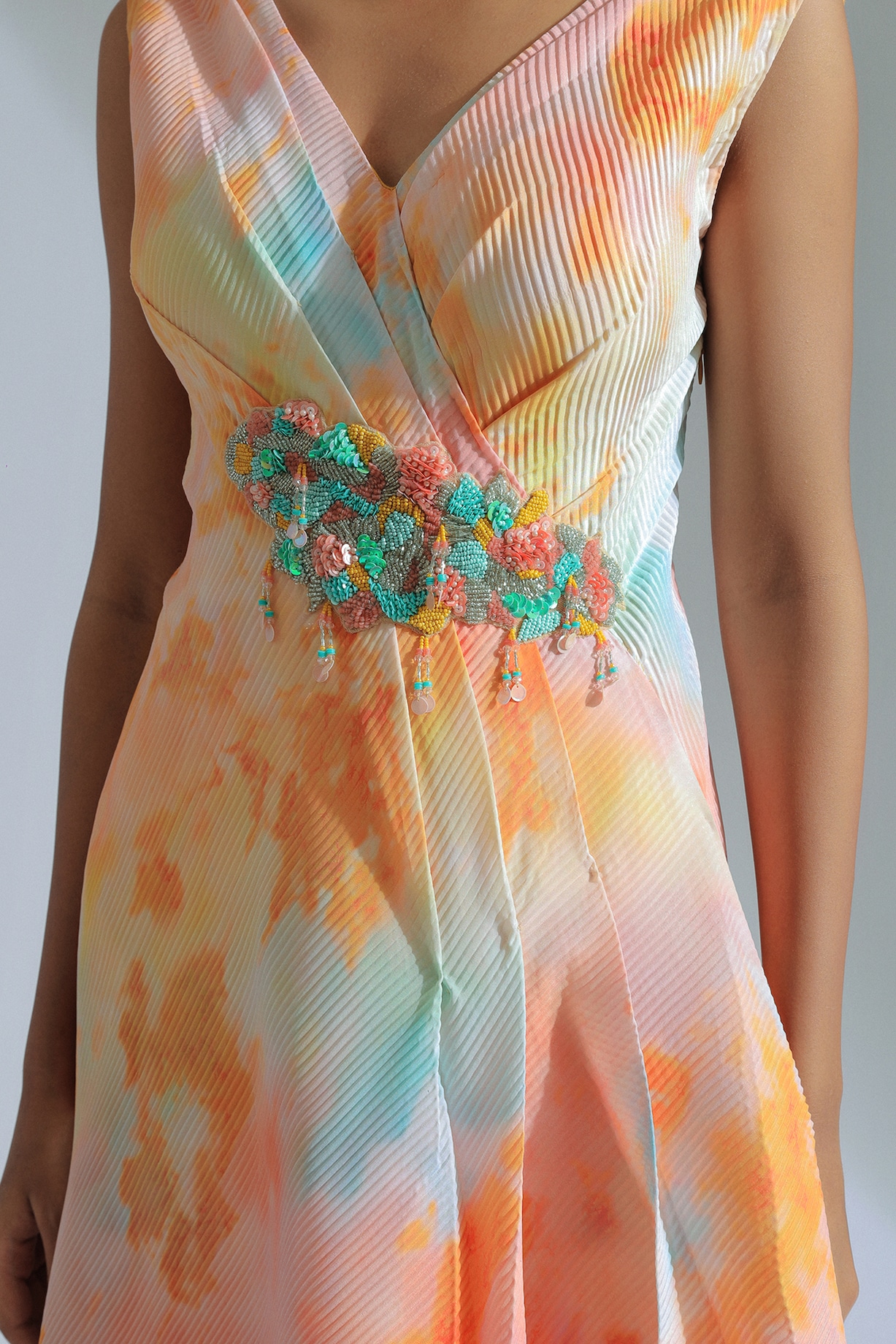 Multi-Colored Pleated Crepe Fabric Sequins Embroidered Overlap Maxi Dress  by GEE SIN by Geetanjali Singh at Pernia's Pop Up Shop 2026