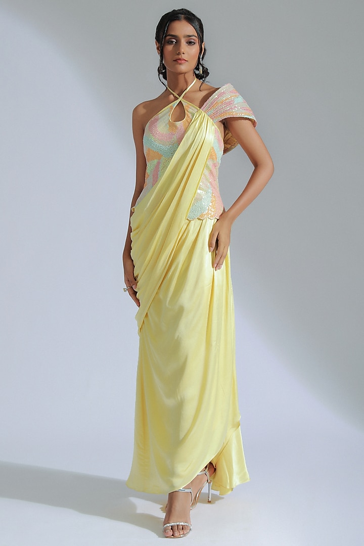 Lemon Yellow Modal Satin Draped Maxi Dress With Bodice by GEE SIN by Geetanjali Singh