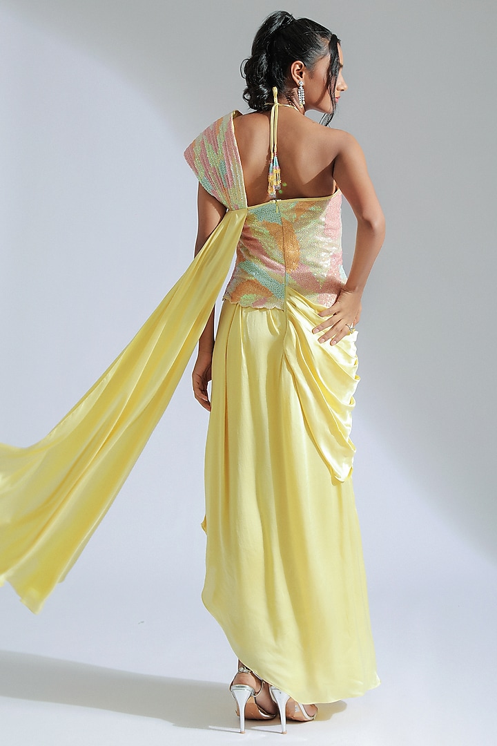 Lemon Yellow Modal Satin Draped Maxi Dress With Bodice Design by GEE ...