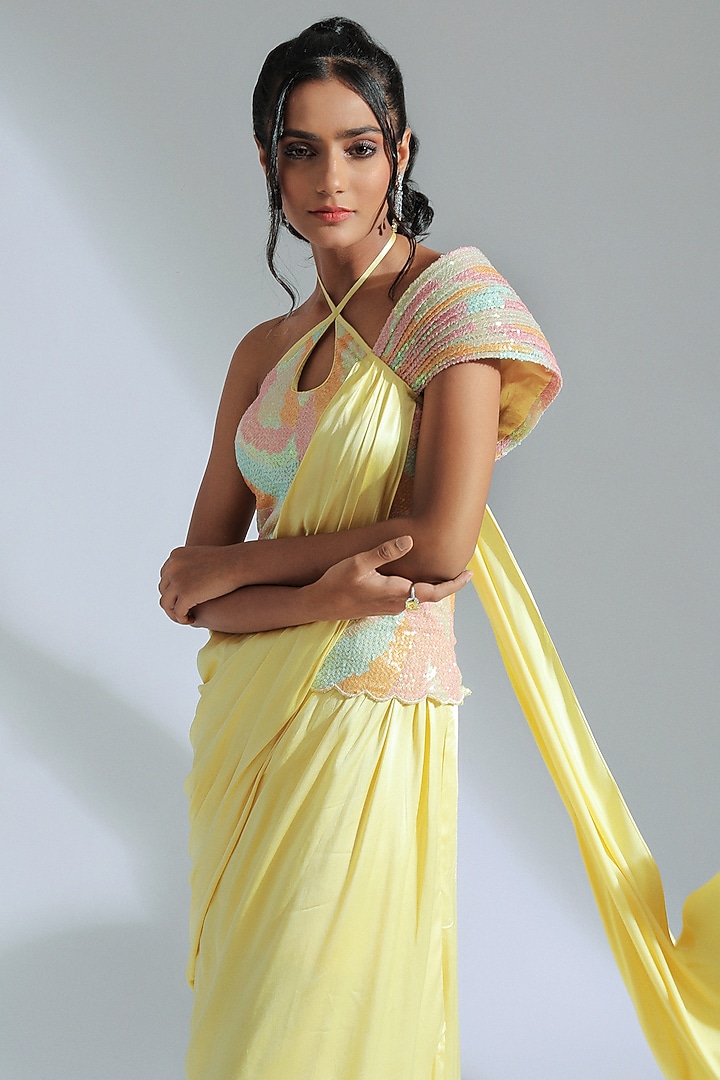 Lemon Yellow Modal Satin Draped Maxi Summer Dress With Bodice by GEE SIN by Geetanjali Singh at Pernia's Pop Up Shop