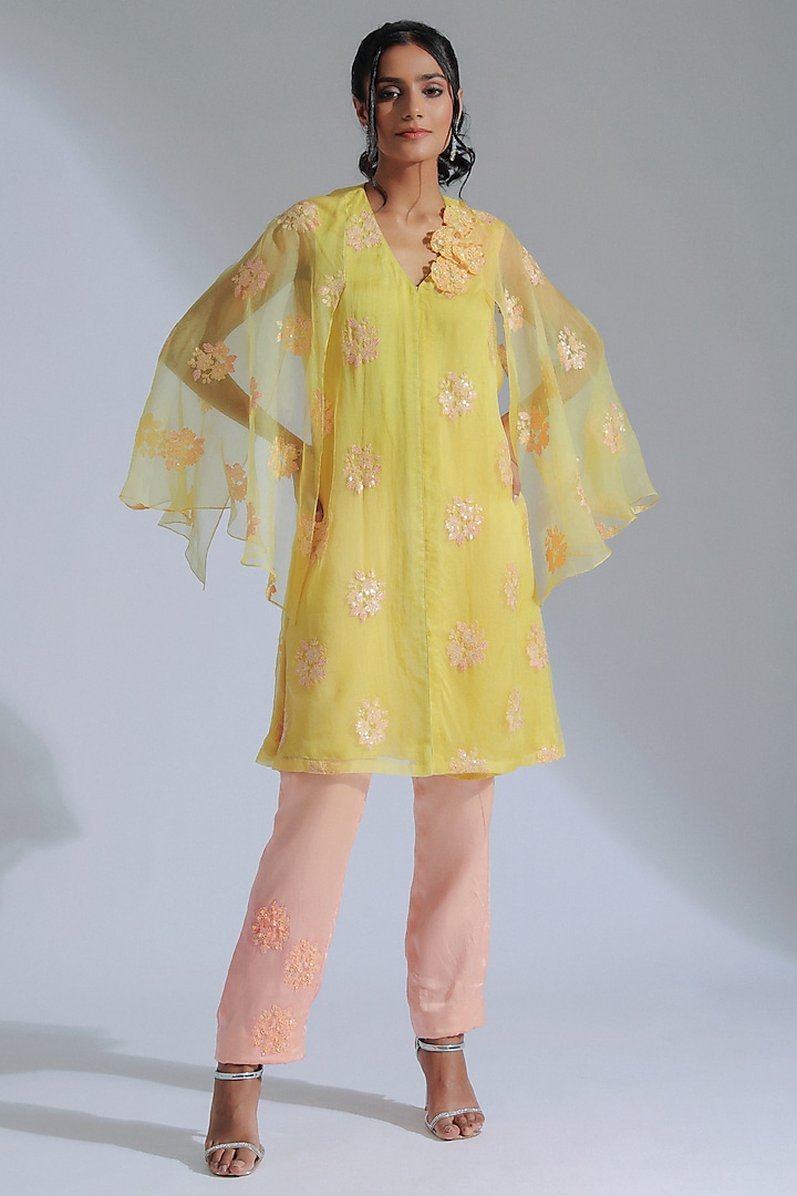 Yellow Organza Floral Motifs Embroidered Tunic Set by GEE SIN by Geetanjali Singh