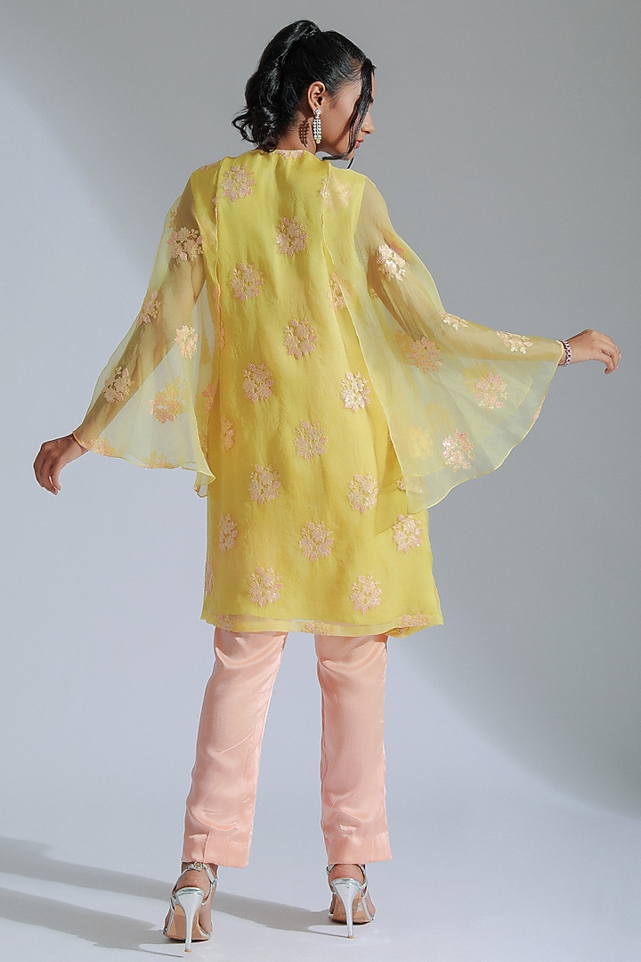 Yellow Organza Floral Motifs Embroidered Tunic Set by GEE SIN by Geetanjali Singh at Pernia's Pop Up Shop