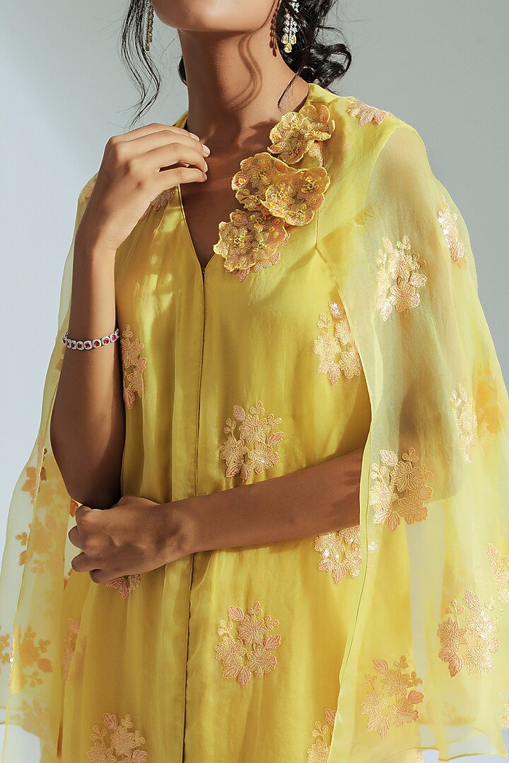 Yellow Organza Floral Motifs Embroidered Tunic Set by GEE SIN by Geetanjali Singh at Pernia's Pop Up Shop