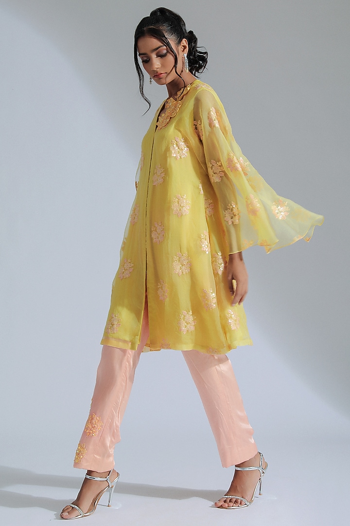 Yellow Organza Floral Motifs Embroidered Tunic Set by GEE SIN by Geetanjali Singh at Pernia's Pop Up Shop