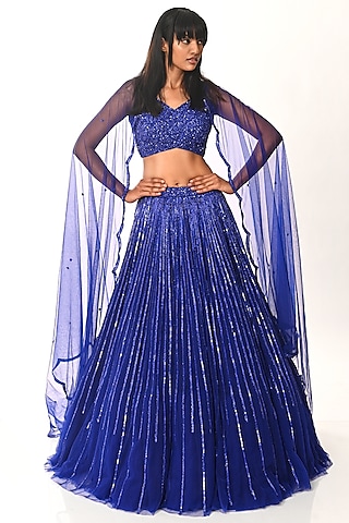 Prussian Blue Lehenga Set With Sequins Work by Geethika Kanumilli