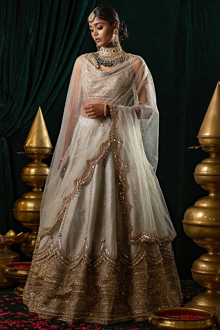 Ivory Embroidered Bridal Lehenga Set by Geethika Kanumilli at Pernia's Pop Up Shop