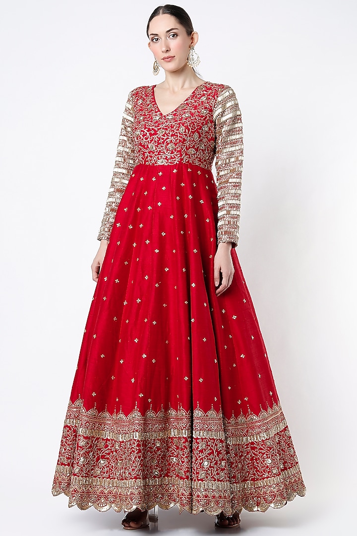 Cadmium Red Hand Embroidered Anarkali by Geethika Kanumilli