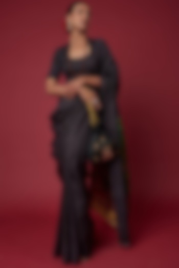 Black Tussar Silk Embellished & Hand Painted Saree Set by Label GehnaSamah