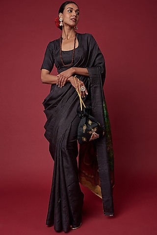 Black Tussar Silk Embellished & Hand Painted Saree Set by Label GehnaSamah