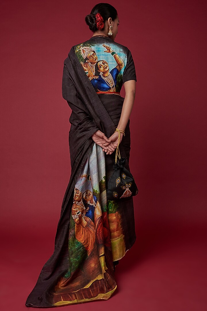 Black Tussar Silk Embellished & Hand Painted Reception Saree Set by Label GehnaSamah at Pernia's Pop Up Shop
