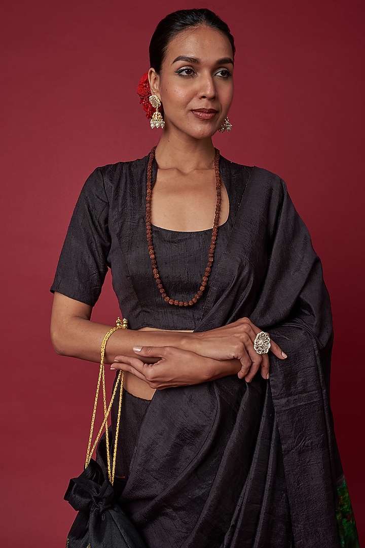 Black Tussar Silk Embellished & Hand Painted Reception Saree Set by Label GehnaSamah at Pernia's Pop Up Shop