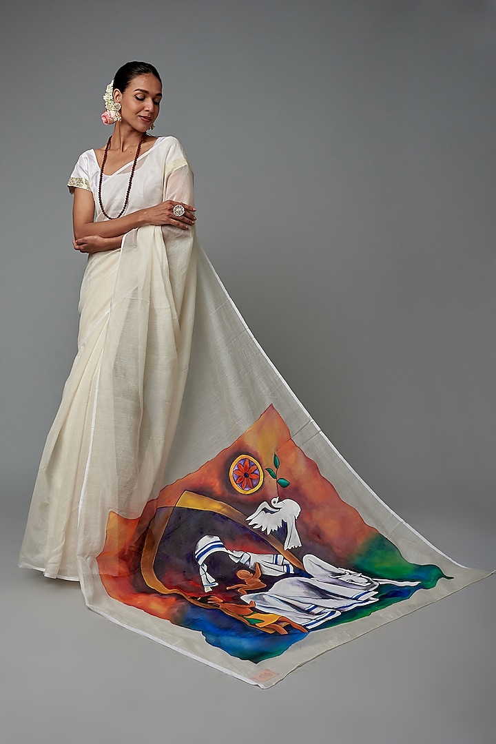 White Chanderi Hand Painted Saree by Label GehnaSamah