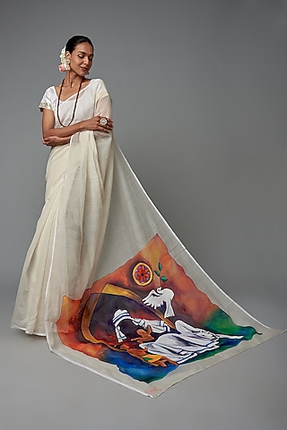 White Chanderi Hand Painted Saree by Label GehnaSamah