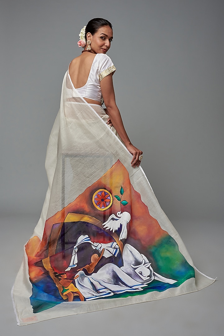 White Chanderi Hand Painted Party Wear Saree by Label GehnaSamah at Pernia's Pop Up Shop